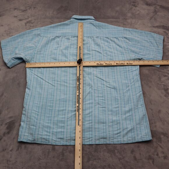 Moda Campia Shirt Mens M Blue check Short Sleeve Buttons Pocket Hawaiian - Picture 3 of 16